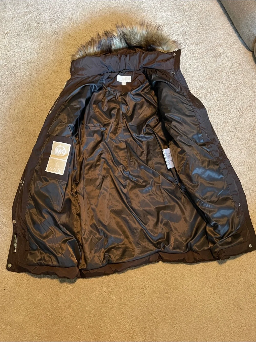 Michael Kors Dark Brown Quilted Faux-Fur Hooded Puffer Coat